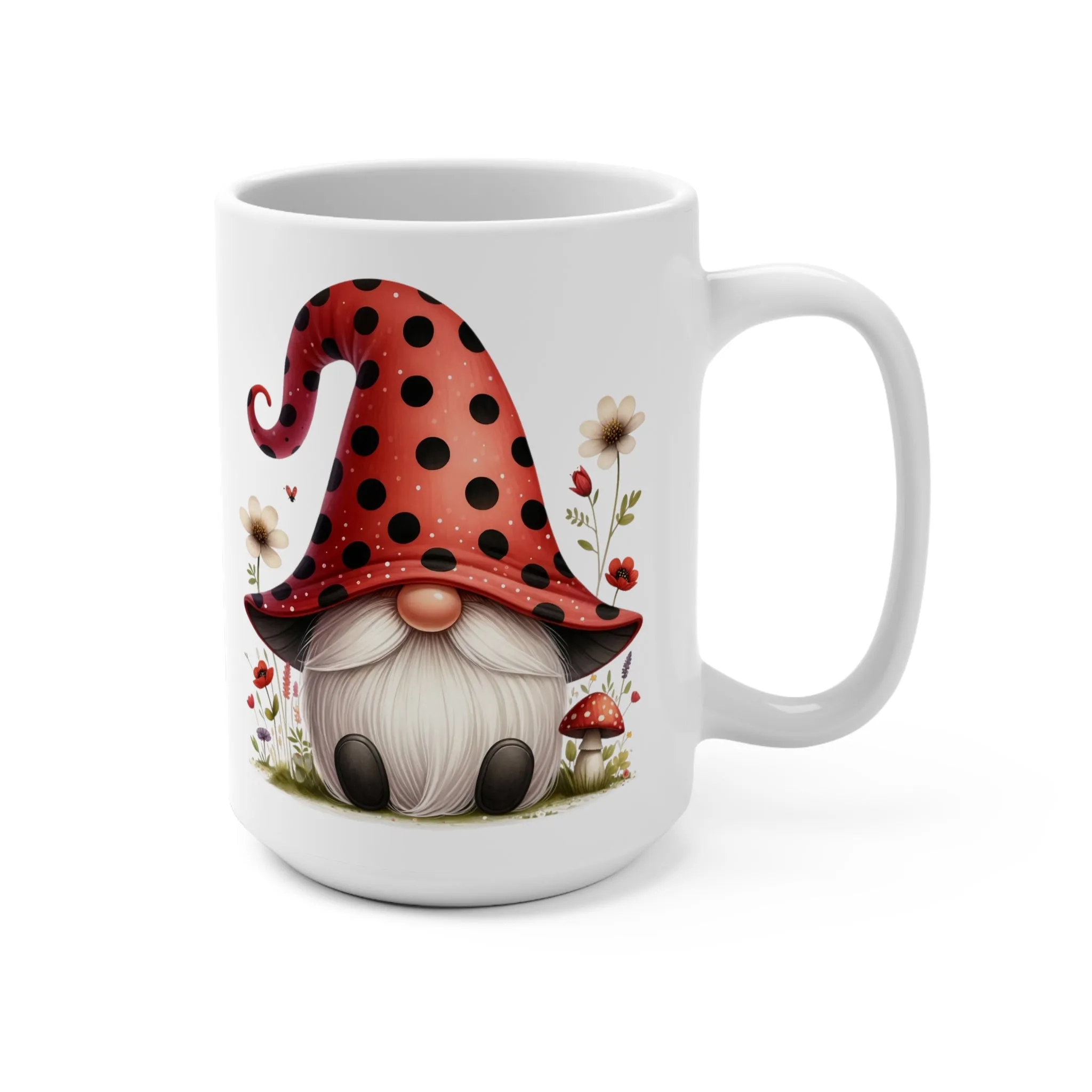 Whimsical Garden Gnome Mug, Red Polka Dot Hat, Cute Floral Coffee Cup, Unique Gift Idea, Mug 15oz