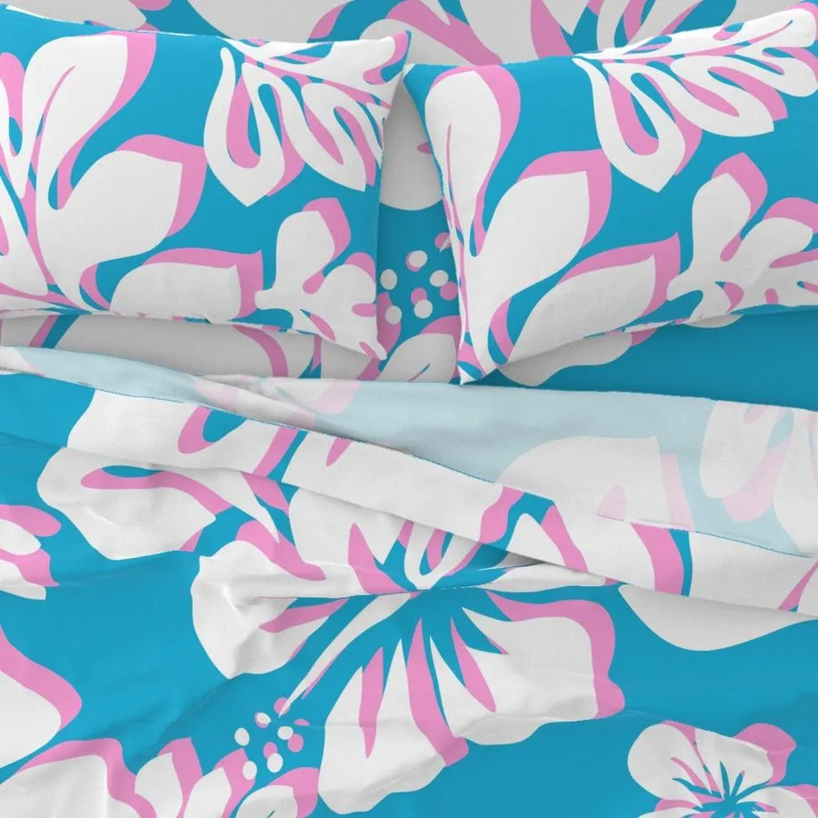 White and Soft Pink Hawaiian Flowers on Aqua Ocean Blue Sheet Set from Surfer Bedding™️ Large Scale