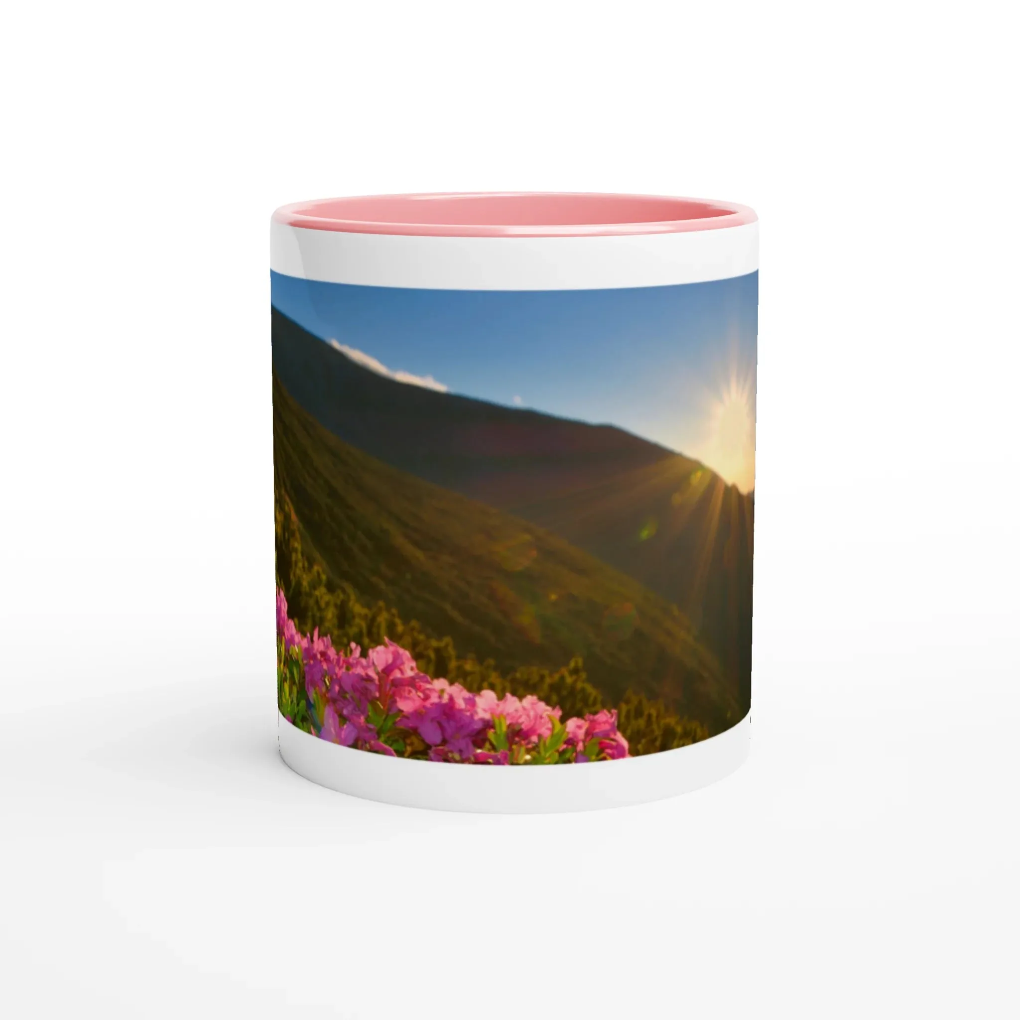 Wonderful Sunrise Over the Mountains print in Pink Ceramic Mug