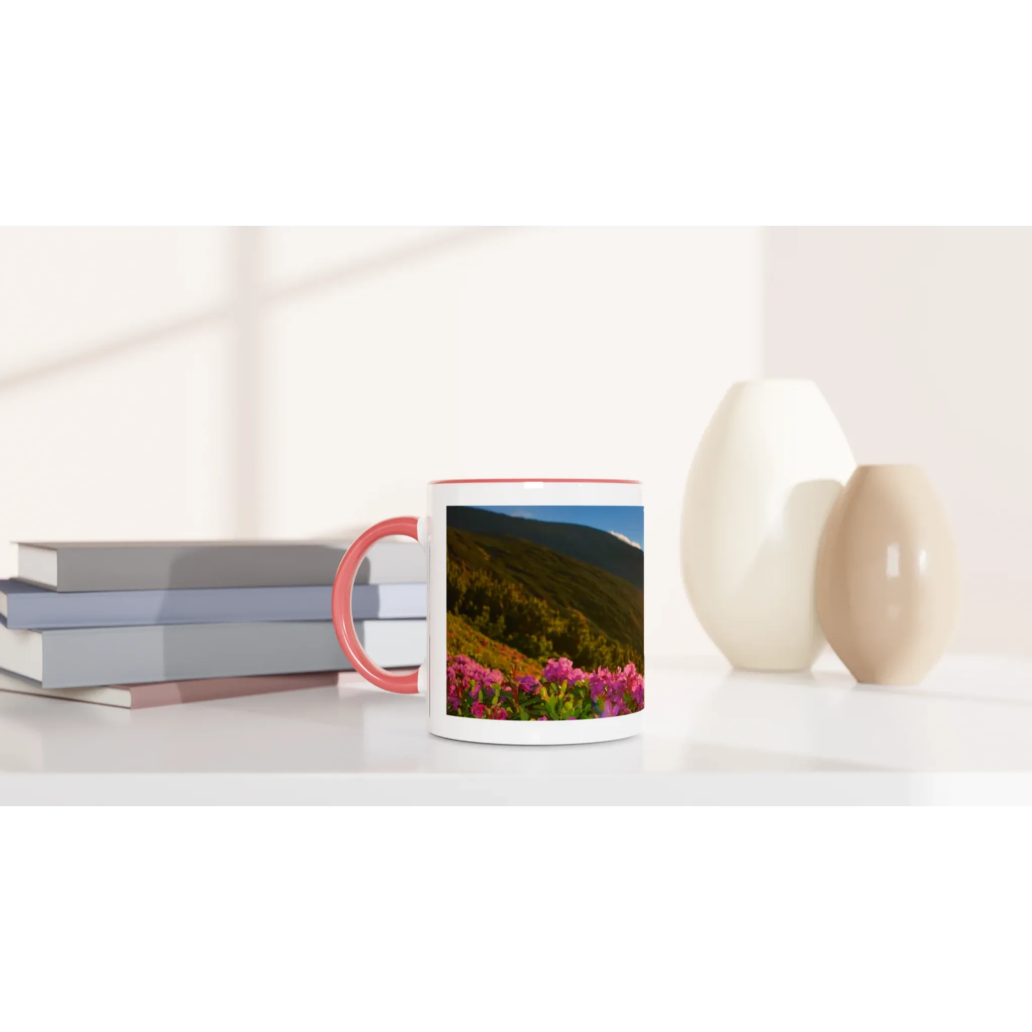 Wonderful Sunrise Over the Mountains print in Pink Ceramic Mug