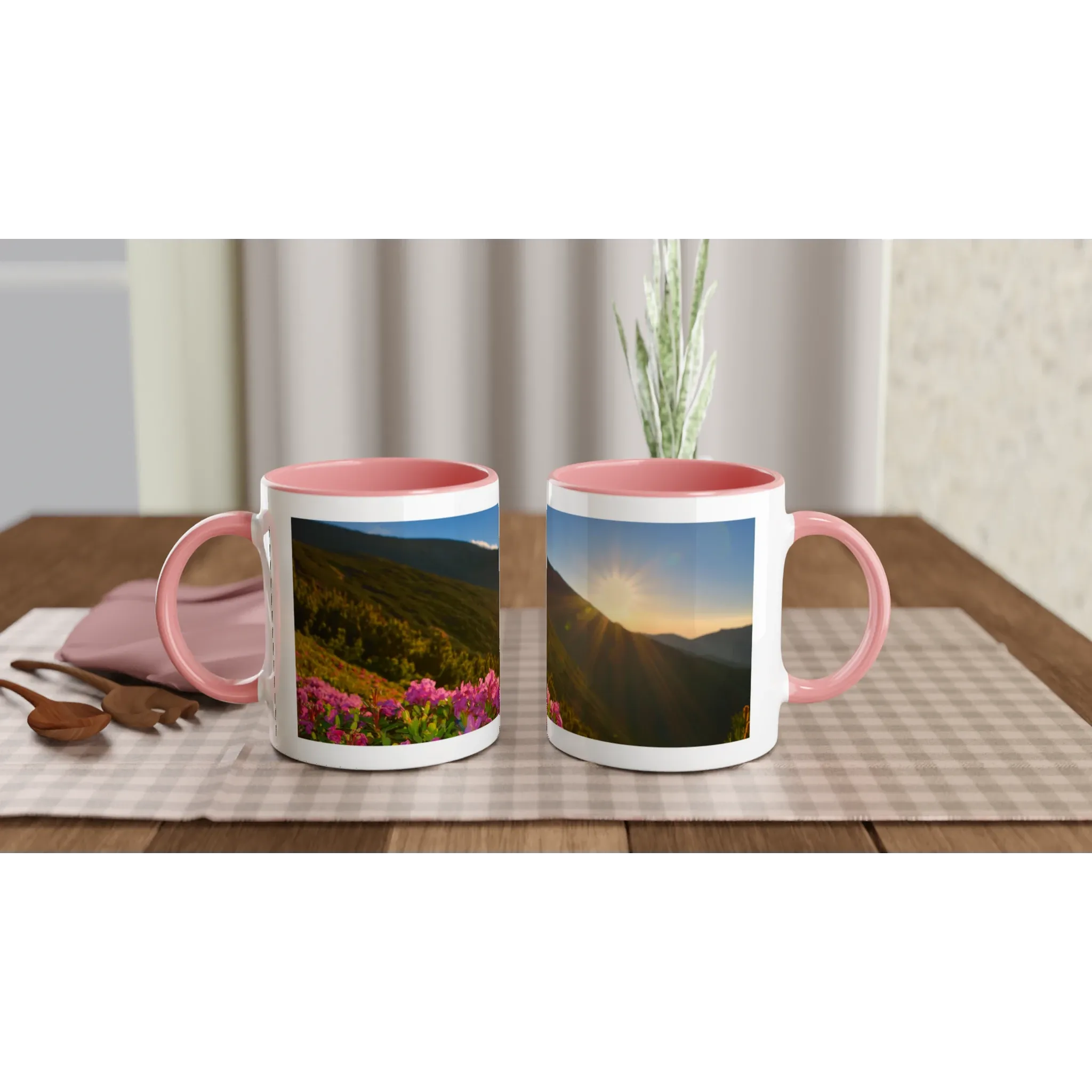 Wonderful Sunrise Over the Mountains print in Pink Ceramic Mug