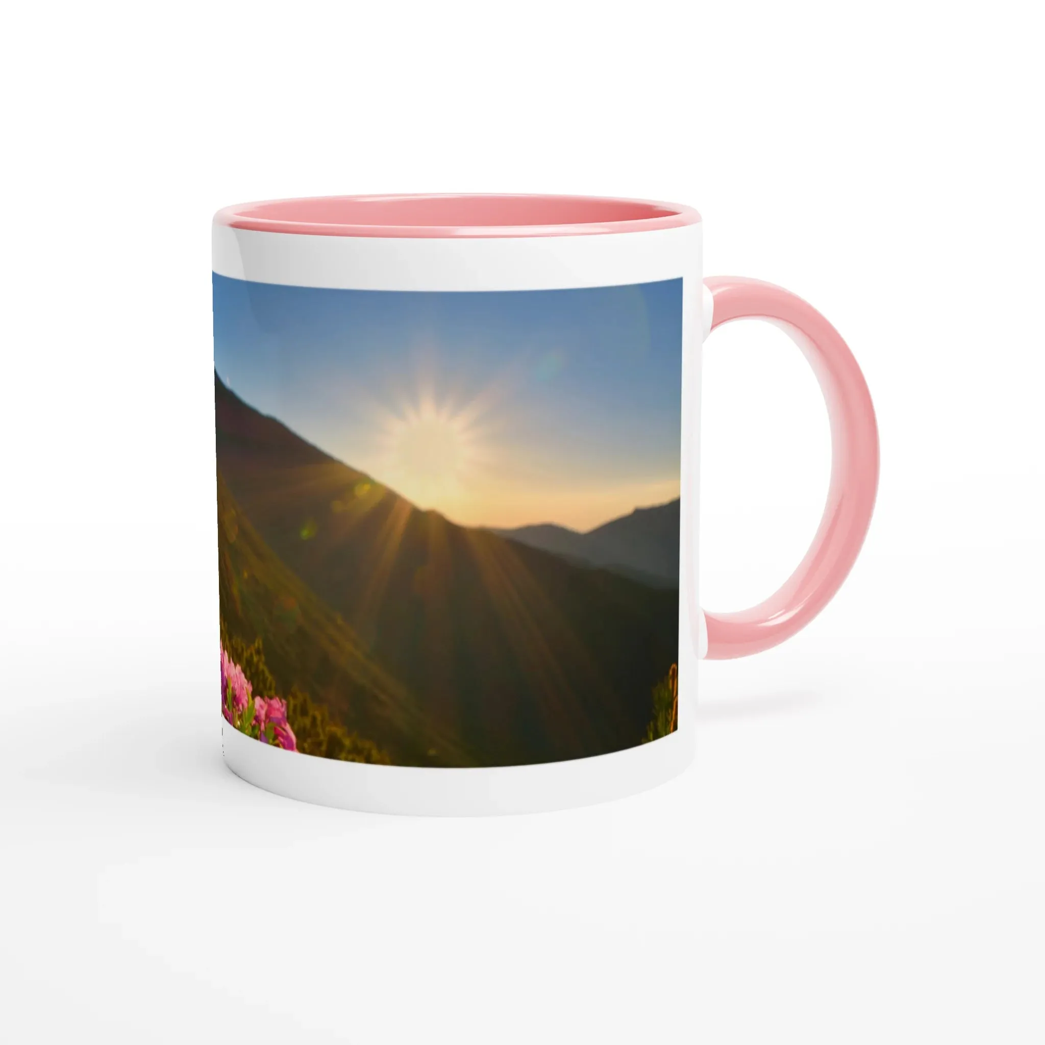 Wonderful Sunrise Over the Mountains print in Pink Ceramic Mug