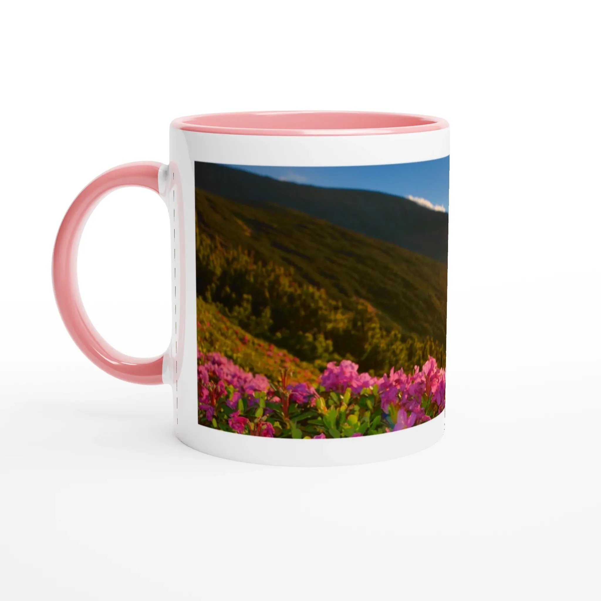 Wonderful Sunrise Over the Mountains print in Pink Ceramic Mug