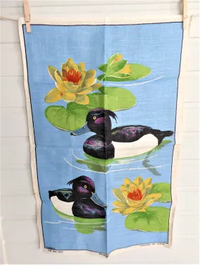 Wood Ducks Dish Towel Tea Towel Water Lilies 1970s Signed Dunmoy Irish Linen