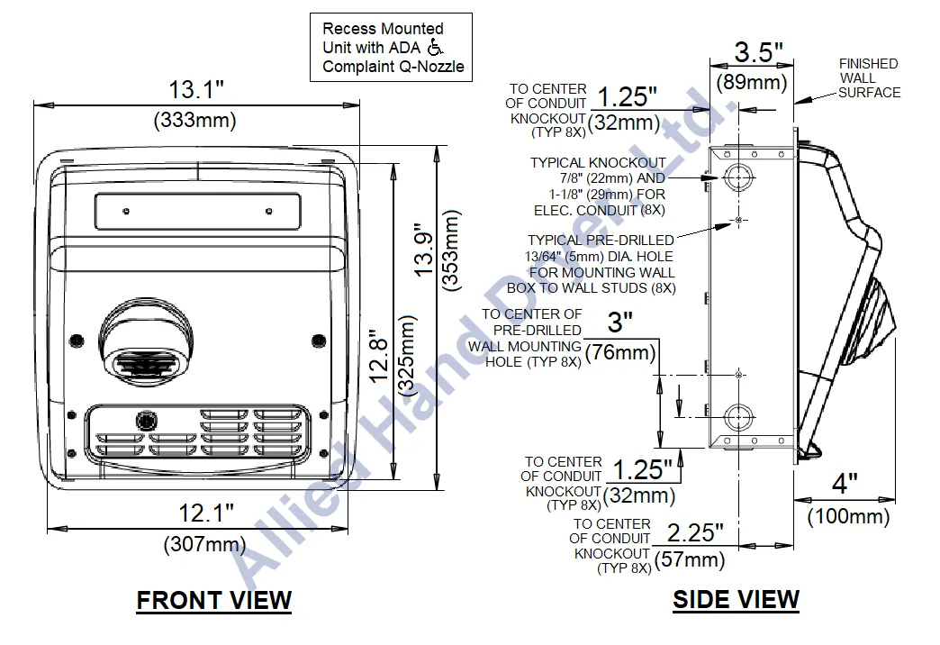 WORLD DRYER® XRA57-Q974 Model A Series Hand Dryer - Cast-Iron White Porcelain Automatic Recessed (277V)